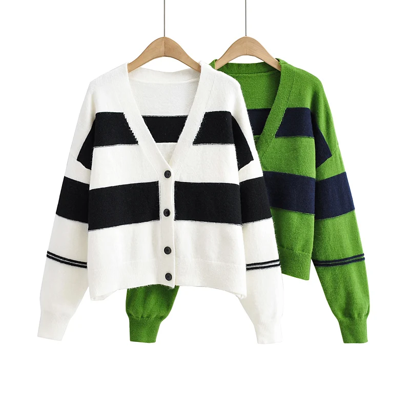

Vintage Striped V-neck Loose Cardigan Women Autumn Single Breasted Button Up Long Sleeve Casual Knitted Sweater Coat Outerwear