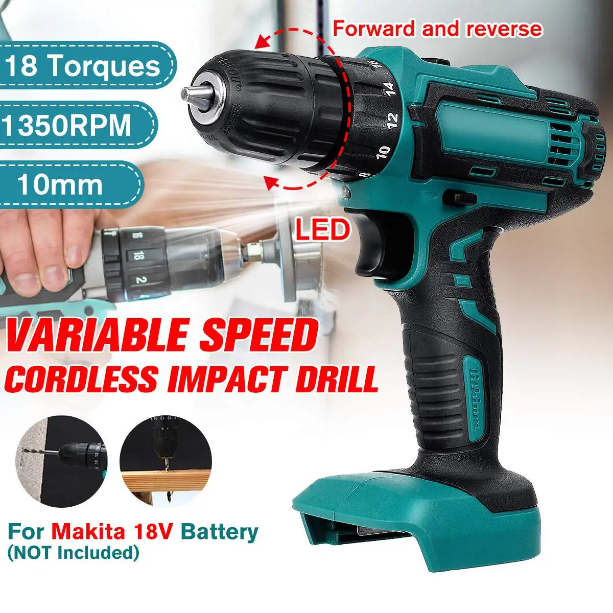 

Drillpro дрель Makita 18V аккумуляторная ударная дрель 10 мм 1350 об/мин Перезаряжаемые электрическая ударная отвертка Мощность инструмент для Makita 18V Б...