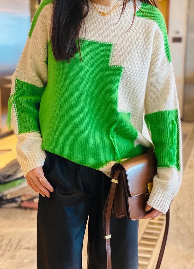 

Autumn 2020 new women's Color block Handmade whiskers Cashmere sweater Geometry A very high tone