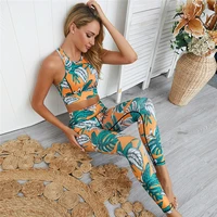 printed jogging suit gym women fitness buttery soft high waisted outdoor active leggings sleevle halter top stretchy yoga set