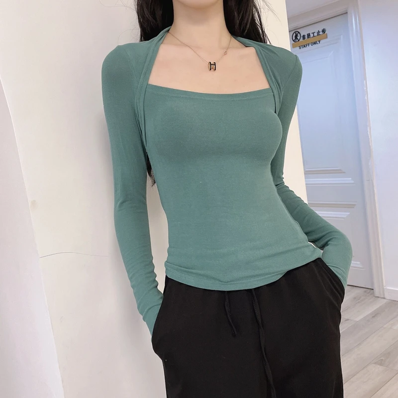 

Autumn Square Collar Long Sleeve T-Shirt Women Casual Solid Color Bottoming Slim Female Top High Stretch Base Tight T-Shirt top