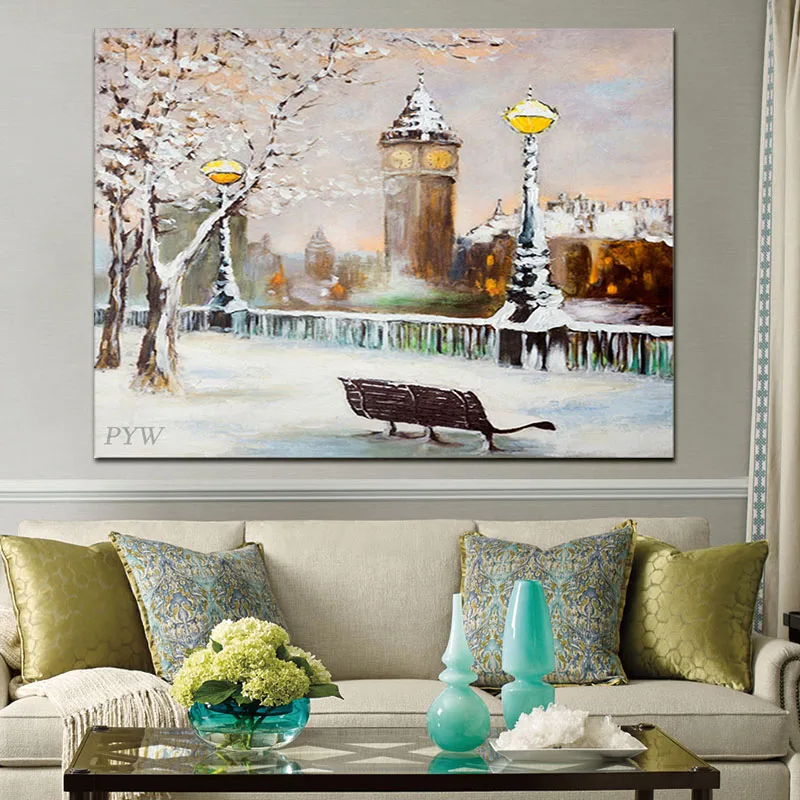 

No Framed Hand Painted Painting Landscape Building Trees Streetlight Oil Painting On Canvas 100% Handmade Home Wall Art Decor f