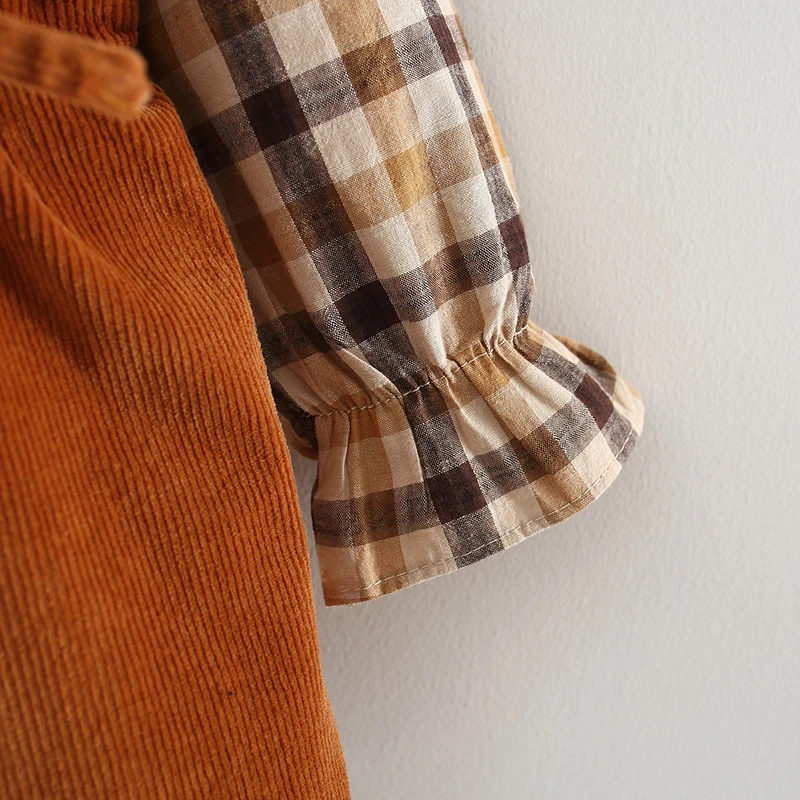 Explosion Europe America Baby girls Corduroy Strap Skirt Plaid Shirt Set spring autumn bow princess cute dress suit 2pcs | Детская