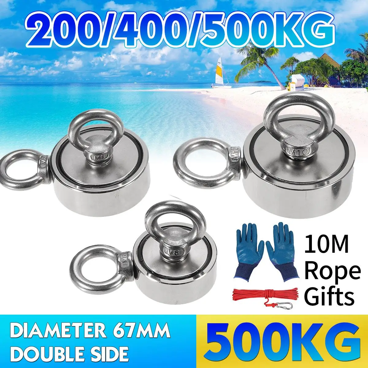 

200/400/500KG Strong Neodymium Magnet Double-sided Sea Fishing Magnets with 10M Rope Salvage Magnet Pulling Mounting Ring