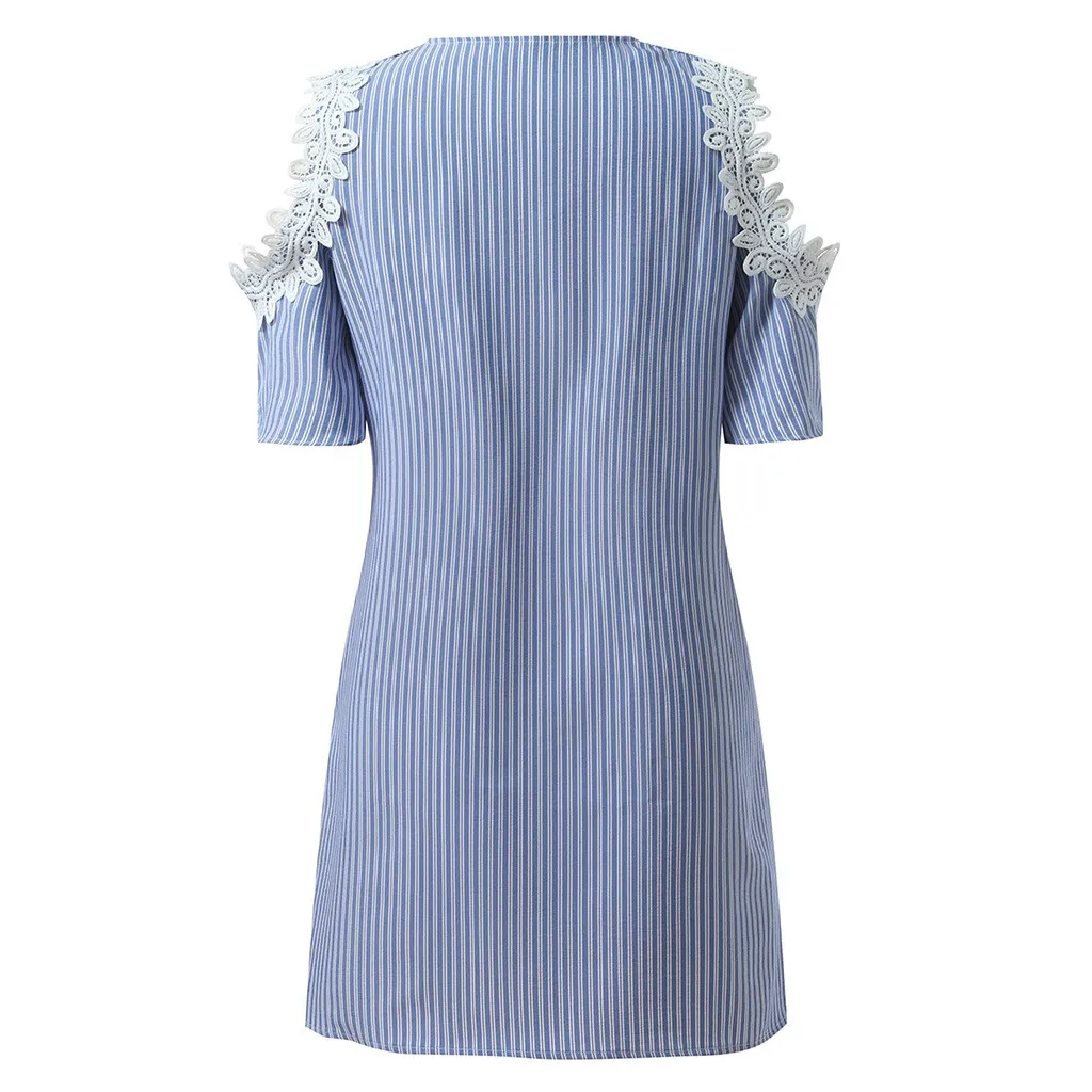

women's summer sundress Women Casual Button stripe V-neck Stripes Print Button Cold Shoulder Strap Mini Dress vestido de mujer