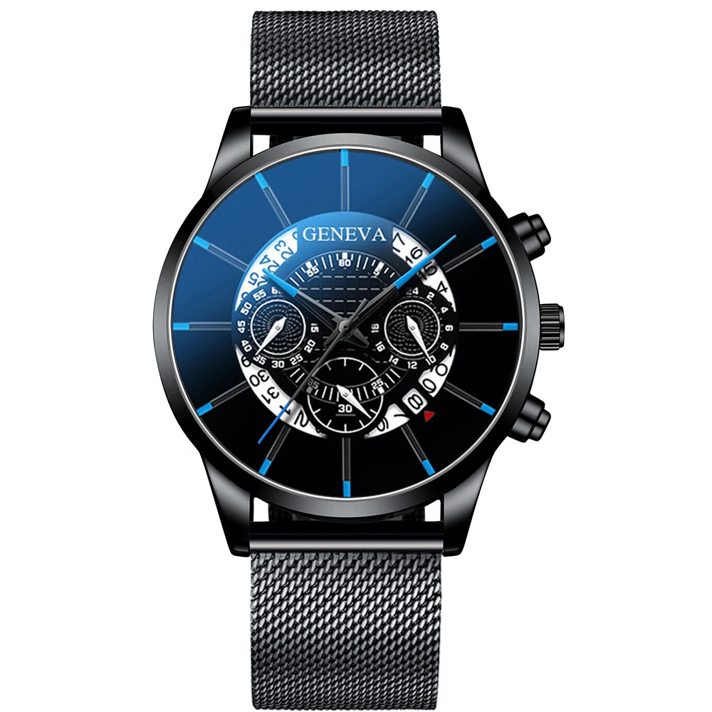 M black blue Роскошные мужские часы из нержавеющей стали, часы с датой, кожаный сетчатый ремень, ультра тонкие наручные часы, спортивные деловые мужские часы, Relojes Masculino - Цвет: M black blue