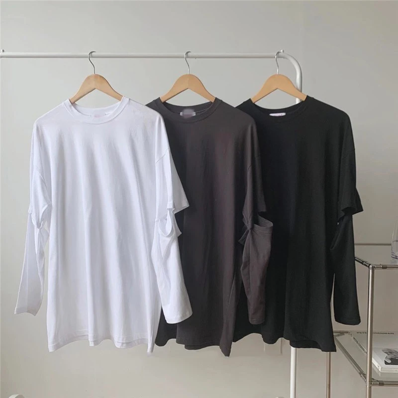 

GALCAUR Korean T Shirt For Women O Neck Long Sleeve Loose Hole Hollow Out Oversized Solid T Shirts Female 2021 Spring Clothing