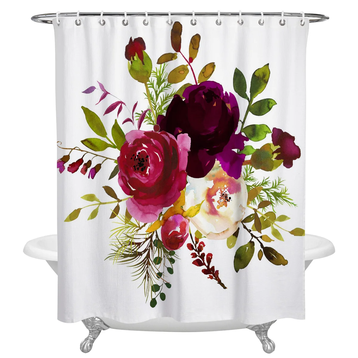 

Штора для душа, водонепроницаемая занавеска для ванной из полиэстера, с рисунком пиона, цветов, листьев, акварель, с крючками