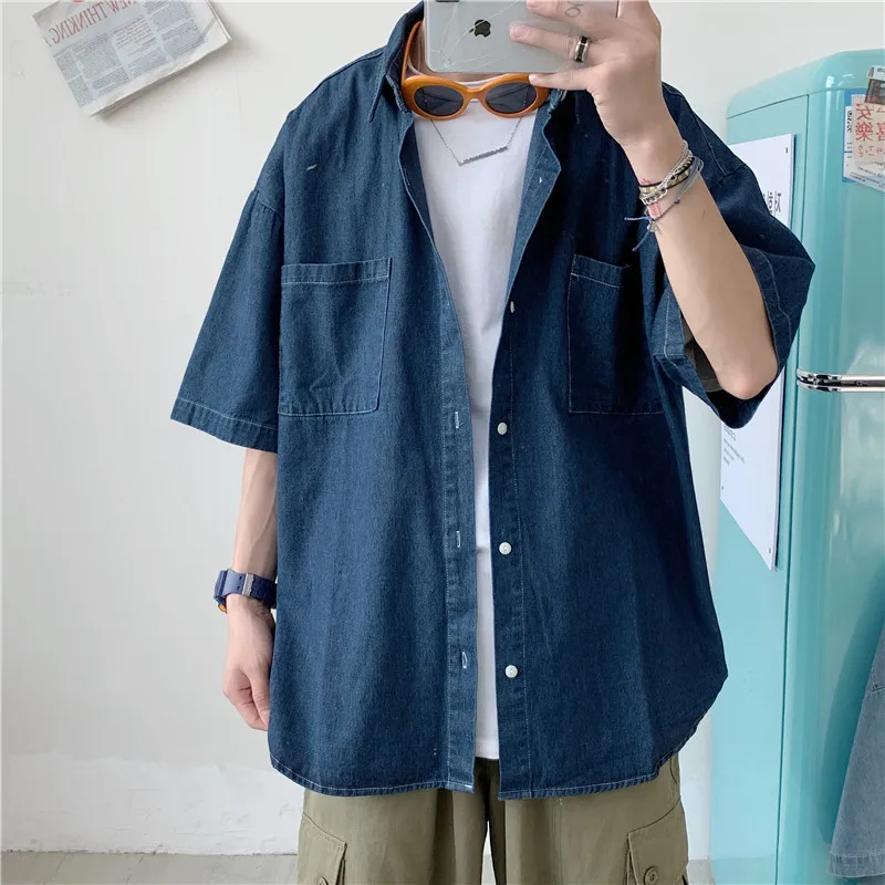 

Summer New 5 Points Short-sleeved Denim Men's Shirt Korean Loose Half-sleeved Shirt Popular Personality Hip-hop Quality