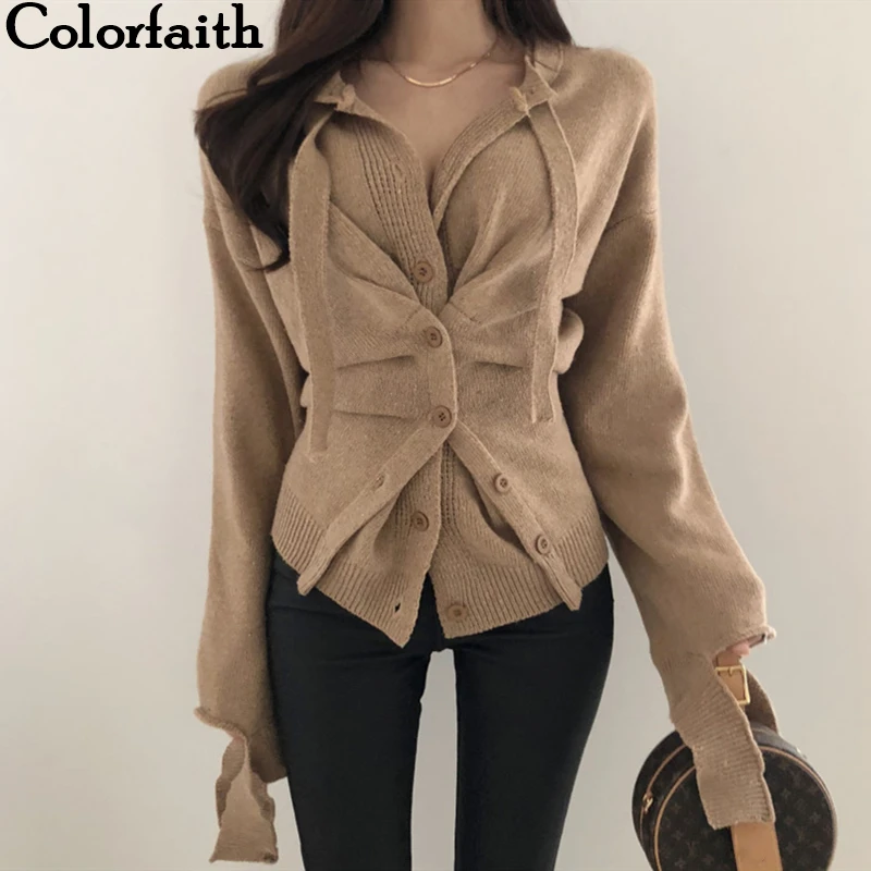 Женский Асимметричный свитер Colorfaith вязаный кардиган на пуговицах в Корейском