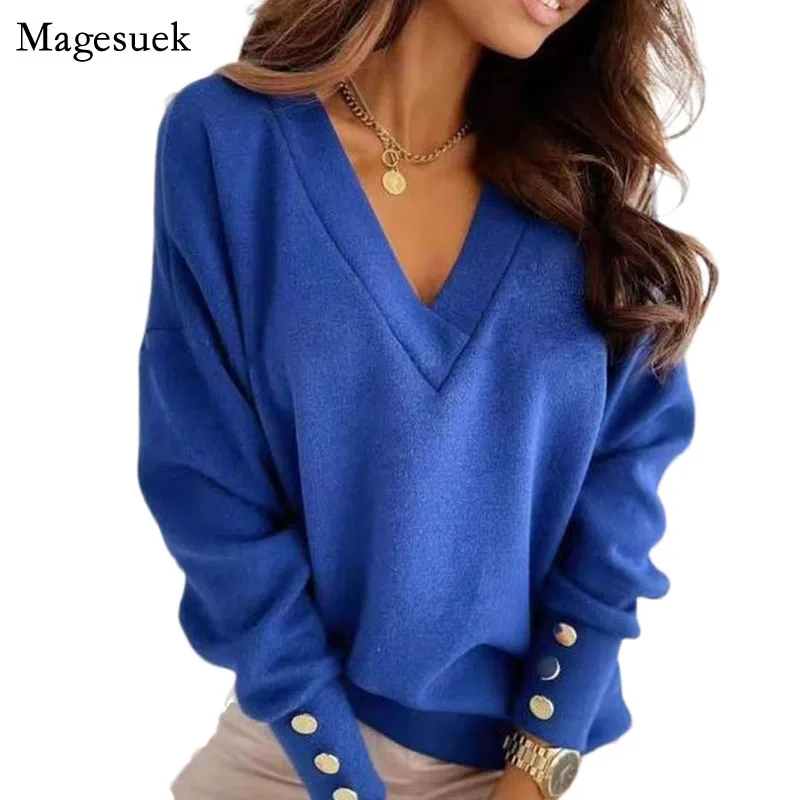 

Autumn Loose Pullover Jumper Knitted Sweater Women New V-neck Casual Winter Women Sweater Loose Office Lady Female Sweater 12827