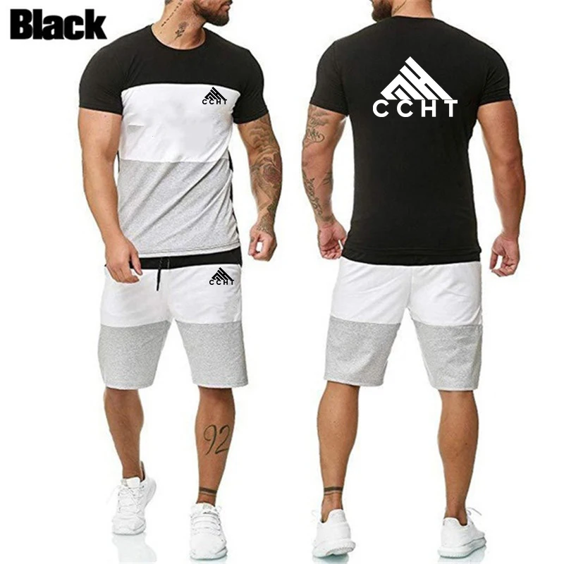 

2021 Summer New Printing Men's Patchwork T-Shirt+Shorts Suit Fashion Outing Leisure T-Shirt Two-Piece Track And Field Sportswear