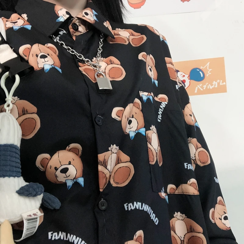 

New Spring Long Sleeved Shirt Blouse INS Harajuku Style Bear Cartoon Print Casual Jacket College Style