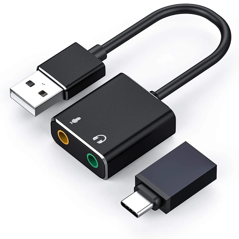 

USB Audio Adapter External Stereo Sound Card with 3.5mm Headphone and Microphone Jack, Suitable for Windows, Mac, Linux