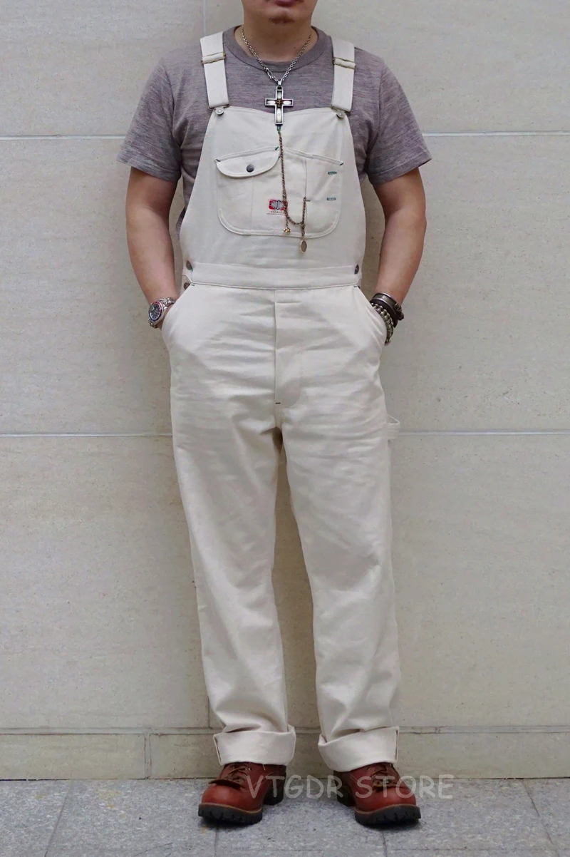 

BOB DONG 40s Three-In-One Pocket High Back Vintage Overalls Men's 13oz Denim Jumpsuit White Cottonseed Hulls