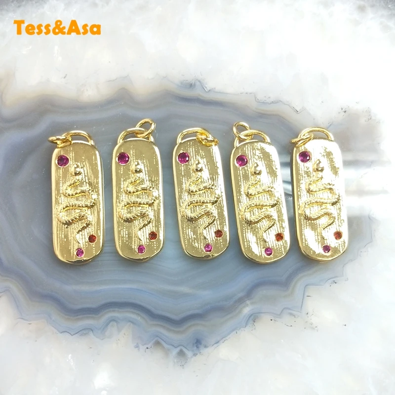 

5pcs Rectangle Snake Pattern Pendant Gold Plated Brass CZ Paved Vintage Cool Fashion Design Charms For Men Women Jewelry Gift Y