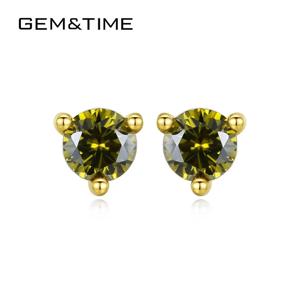 Gem&Time Exquisite Real 14K Gold 3 Prong Green Gemstone Stud Earrings for Women Yellow Gold Earrings Fine Jewelry Gift E14137