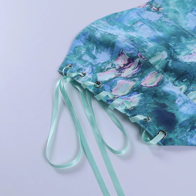 

Vintage Tie Dye Lace-Up Corset Tops Summer 2021 Y2K Fashion Print Strapless Tank Tops Sexy Party Outfits Bandage