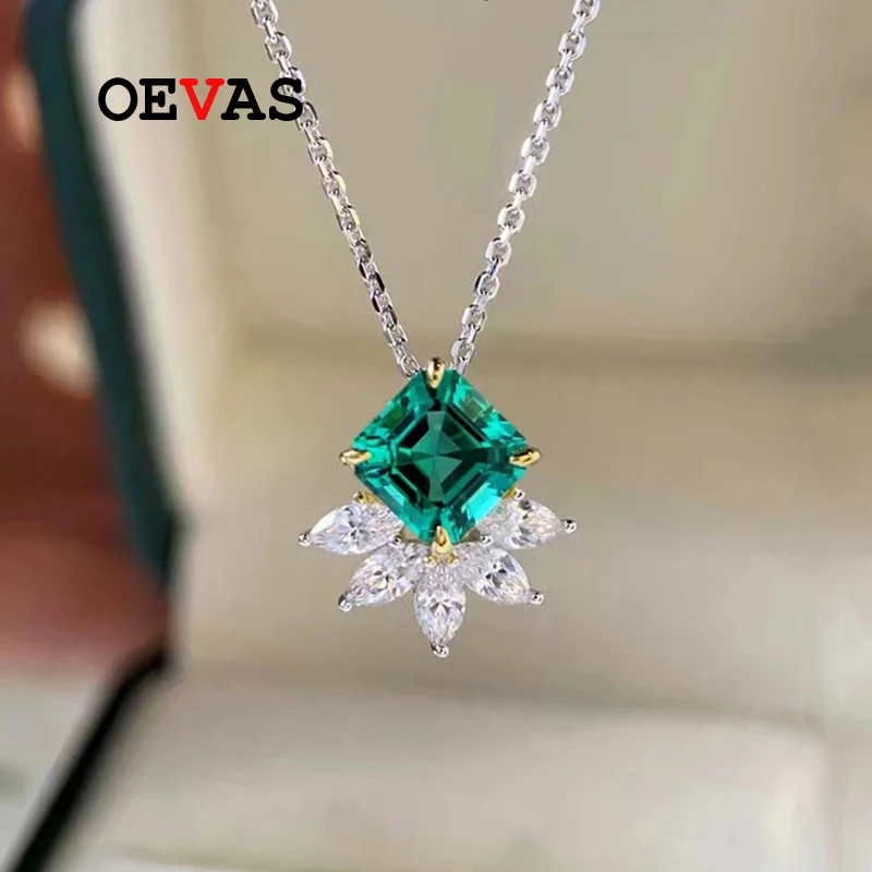 

OEVAS 100% 925 Sterling Silver Real 1.5 Carat Lab Grown Emerald Pendant Necklace For Women Sparkling Wedding Party Fine Jewelry