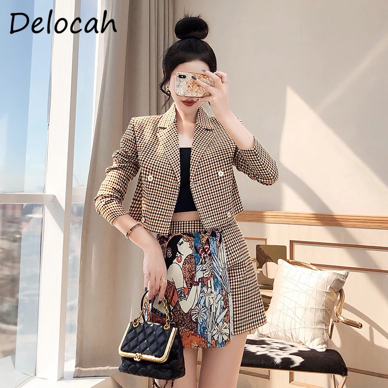 

Delocah New 2021 Autumn Women Fashion Designer Skirt Set Long Sleeve Double Breasted Short Coats + High Waist Vintage Skirt Suit