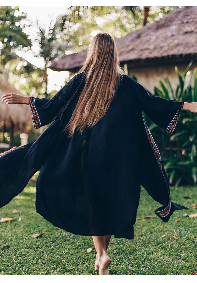 

Fitshinling Vintage Embroidery Beach Kimono Cover Up Swimwear Holiday Side Split Black Long Cardigan Sexy Slim Bikini Outing New