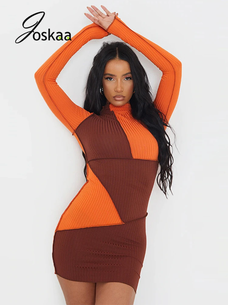 

Joskaa Long Sleeve Patchwork Contrast Color Bodycon Dresses Women Sexy Knitting Party Mini Dress Autumn 2021 Night Club Outfit