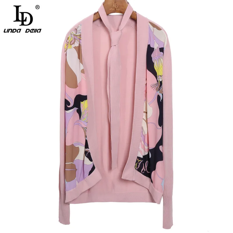 

LD LINDA DELLA Fashion Designer Summer Sweaters Women Bow Belt Long Printed Knitting Elasticity Open Stitch Tops