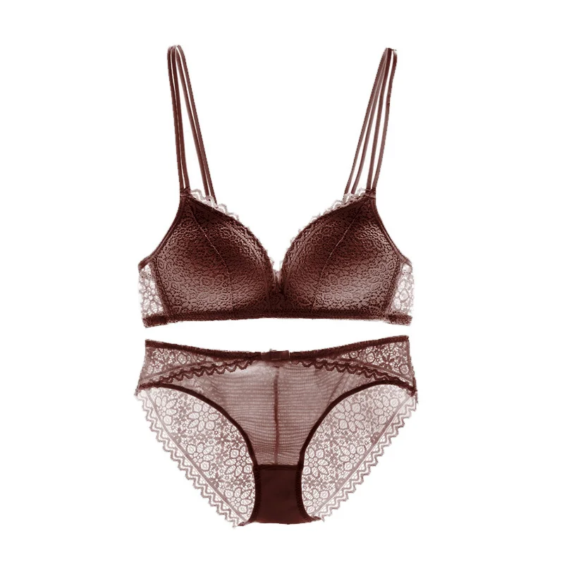 BROWN BRA SET Новинка, женское нижнее белье, комплект с бюстгальтером, кружевной сексуальный бюстгальтер пуш-ап и трусики, удобный бюстгальтер с бантом, регулируемый бюстгальтер с глубоким v-образным вырезом - Цвет: BROWN BRA SET