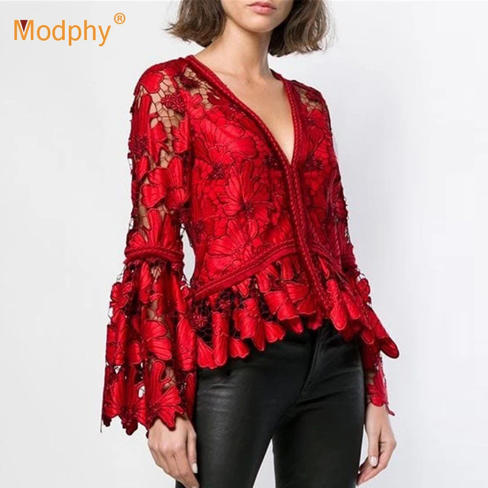 Женский кружевной топ с длинным рукавом красные Ажурные топы v образным вырезом
