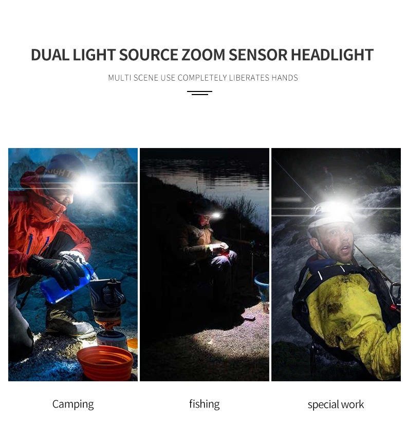 

Portable Led Headlights Sensor Switch USB Rechargeable Headlamps Camping Hunting Waterproof Head Torch Outdoor Lighting Tools