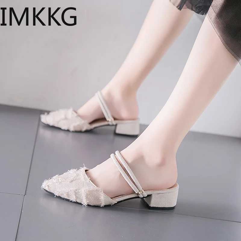 Шлепанцы женские без задника заостренный носок бахрома сланцы лоферы квадратный