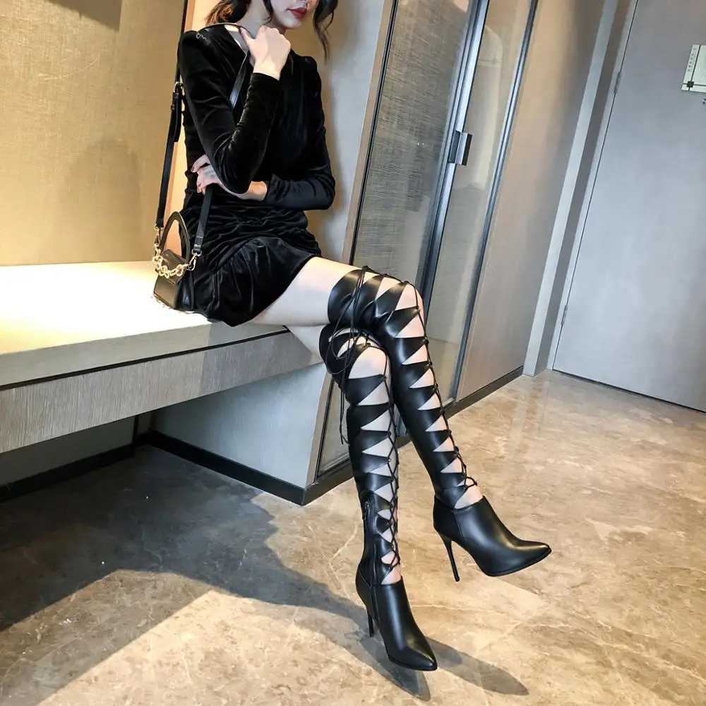

Sexy women knee high boots hollow out summer bootsribbon lace up thigh high boot out strappy gladiator heels
