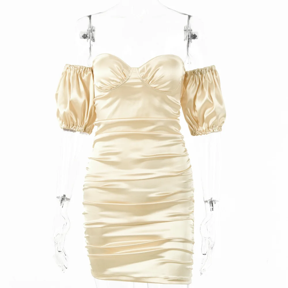 

Women Strapless Off Shoulder Bodycon Solid Short Sleeve Bandage Elegant Dress Ladies Pleats Mini Short Dress Vestidos