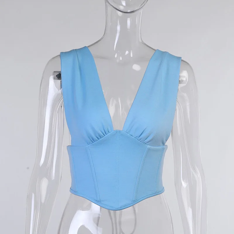 

2021 Deep V-Neck Crop Tops Corset Women Boned Sexy Backless Lace Up Top Female Sleeveless Cropped Top Summer Fashion Clothing
