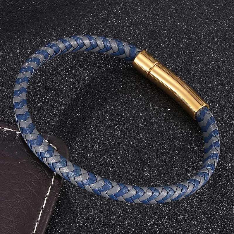 Простой синий серый кожаный плетеный браслет унисекс модный из нержавеющей