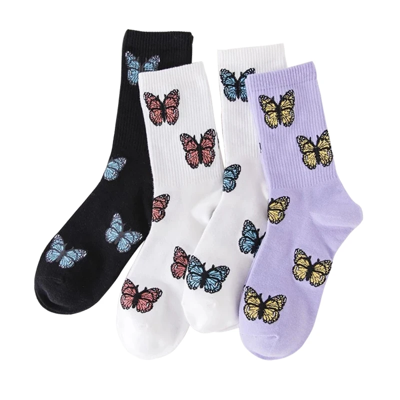 

4 Pairs Funny Embroidered Butterfly Socks Women Fashion Cute Cartoon Woman Socks Harajuku Cotton Socks Female Kawaii Streetwear