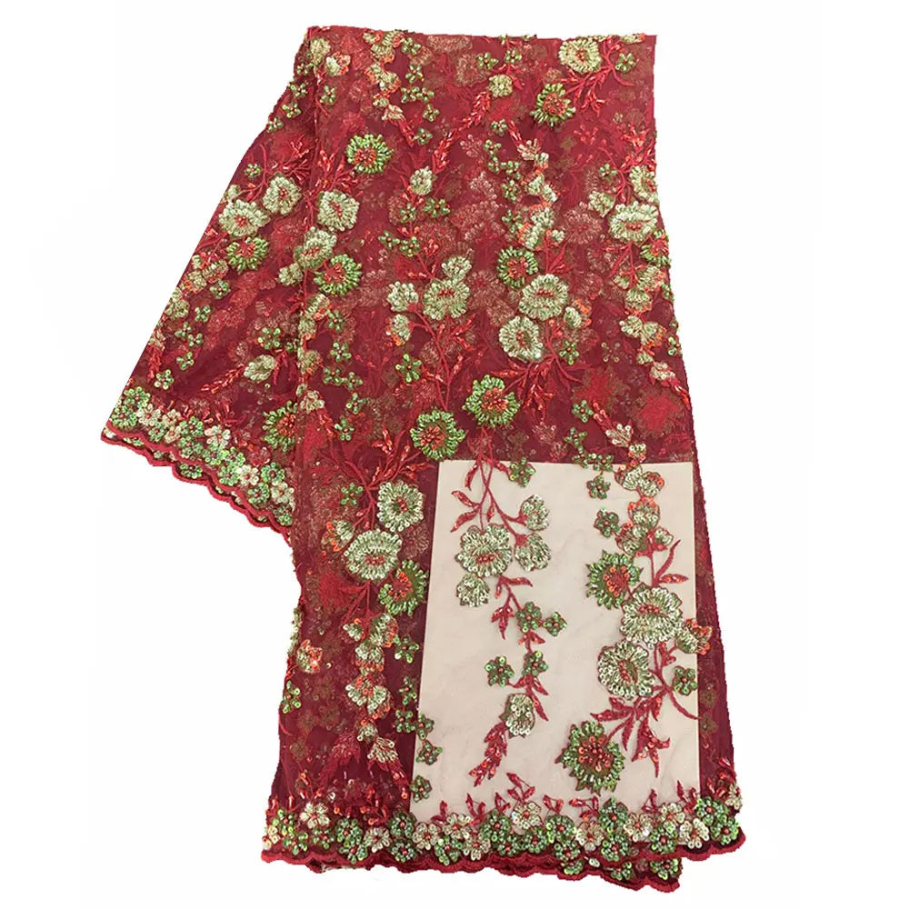 

Luxury Design Wine Red Flowers Sequence Nigerian Wedding Dress Material Lace Embroidery Handmade Beaded Fabric with Sequin Tulle