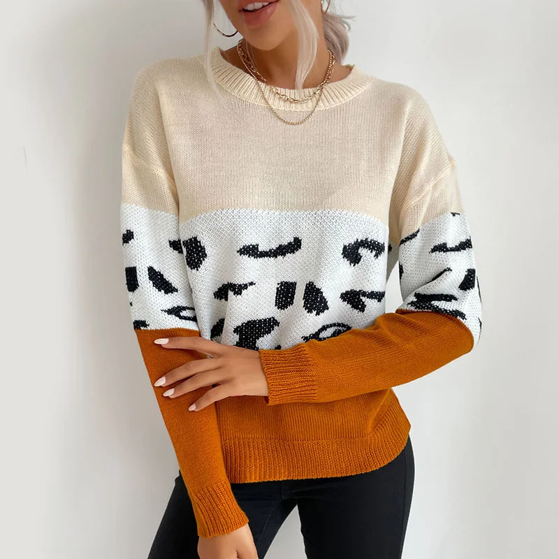 

Women Sweaters Slim Fit Striped Pullover Knitted Sweater Leopard Patchwork Jumper Soft Warm Long Sleeve O Neck Sweaters Fall Top