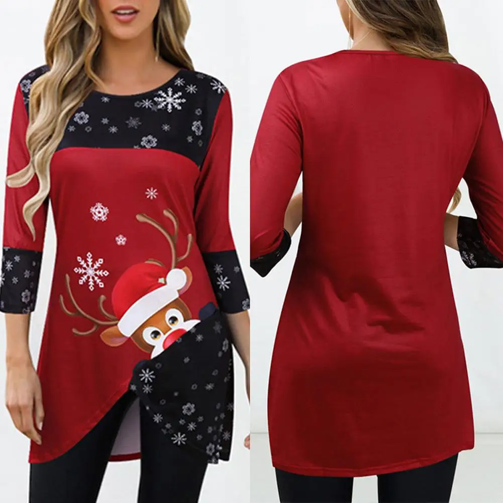 

Women Long Sleeve Christmas Festival Clothes Elk Snowflake Printed Mid-length Blouse Christmas Pullover T-shirt Tops Tees New