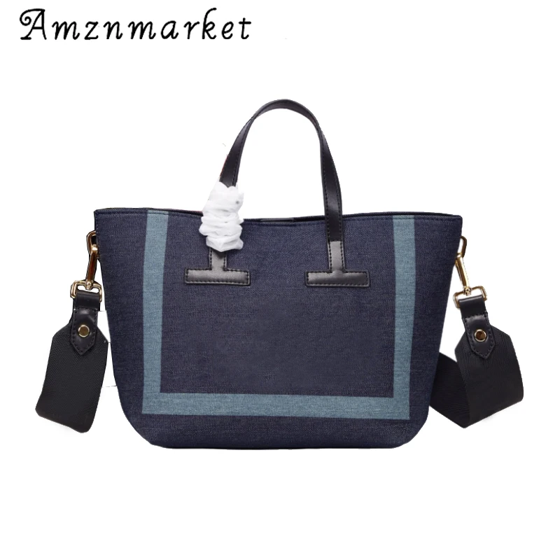 

2021 New Women's Denim Canvas Letter Printed Splices Webbing Shoulder Crossbody Bags Beach Shopper Bag Large Tote Bags Purse