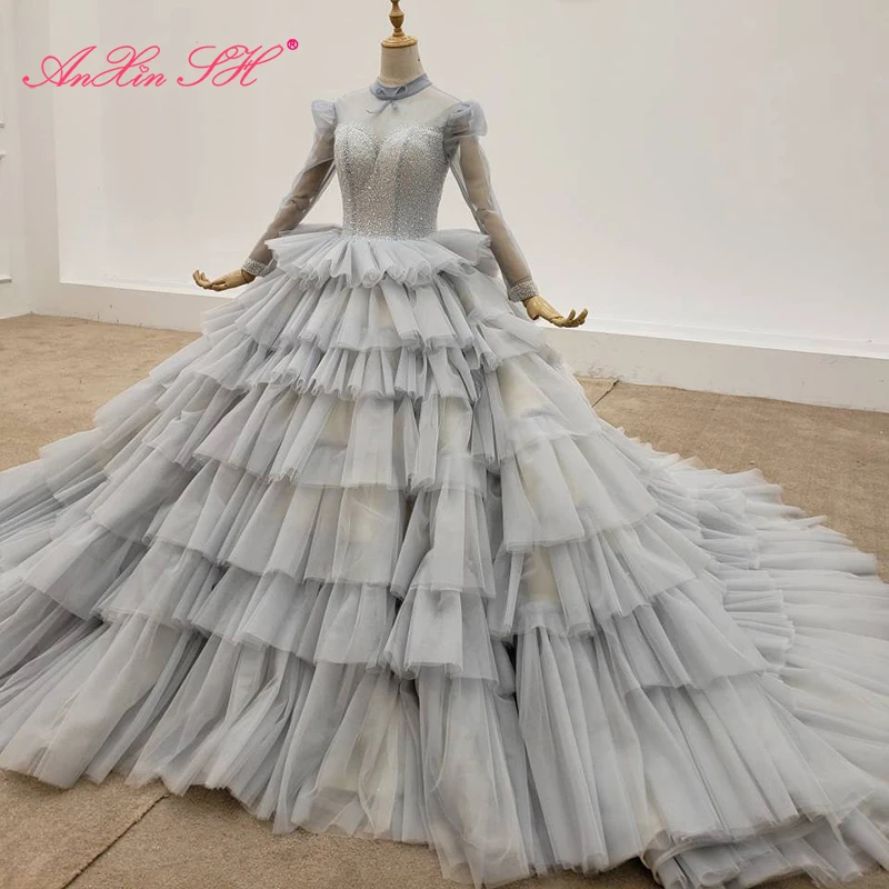 

AnXin SH luxury princess beading bow light navy lace handmade o neck long sleeve ruffle bride wedding dress 100% real photo