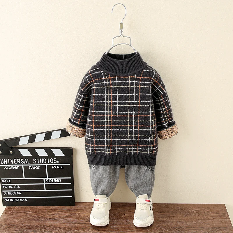 

Boys and Girls Imitation Mink Velvet Warm Sweater Small and Children's Fine-grained Plaid Turtleneck Sweater Winter Clothes