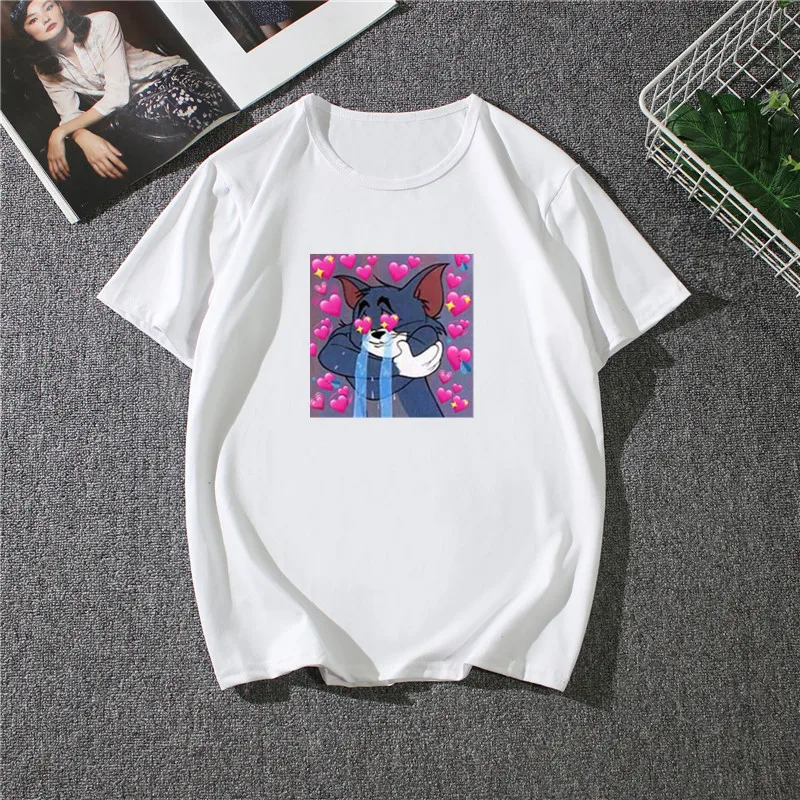 Женские футболки с рисунком кота и мышки Harajuku милые новые летние модные