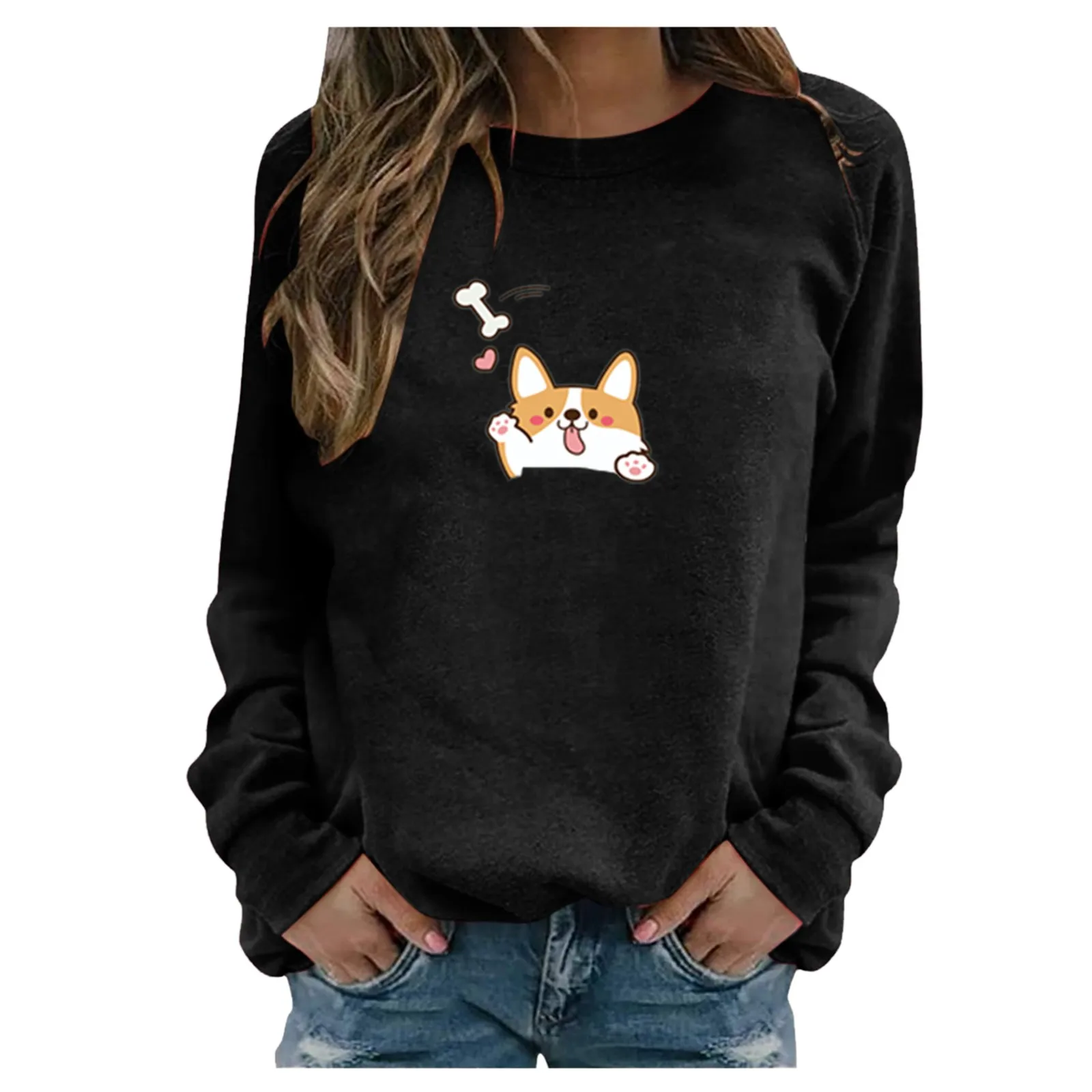 61# Harajuku Kawaii Animal Print T-shirts Women's Casual Long Sleeve Print Pullover Sweatshirt Tops Streetwear Loose Tee Tops