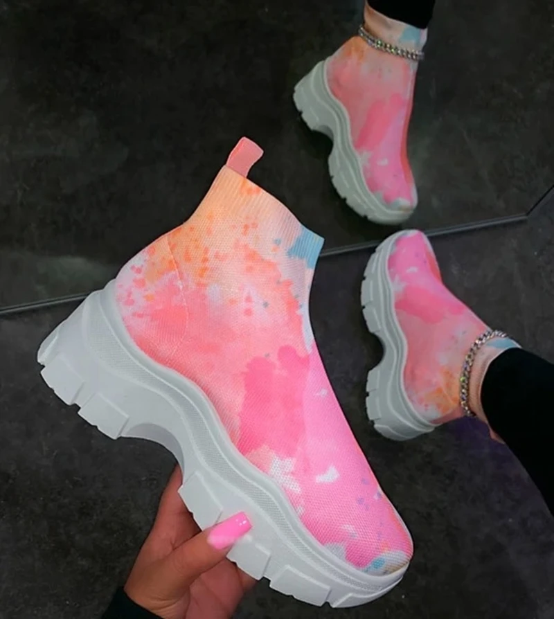 

Tie-dye High Top Women Casual Sneakers Breathable Stretch Colorful Women's Thick Bottom Sports Running Shoes Woman Sneakers