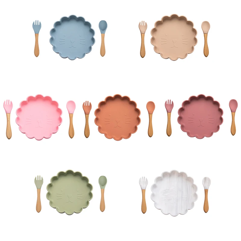 

1Set New Born Baby Feeding Dinner Plate Silcone Plates & Fork Spoon Cartoon Lion Tableware Food Grade Silicone Children's Dishes