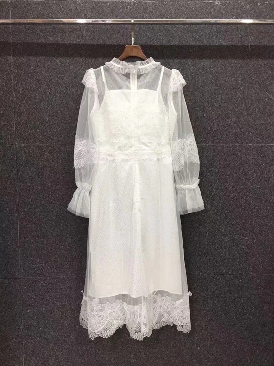 

2021 spring and summer new women's lining decorative round neck bright silk embroidery mesh stitching see-through dress 320