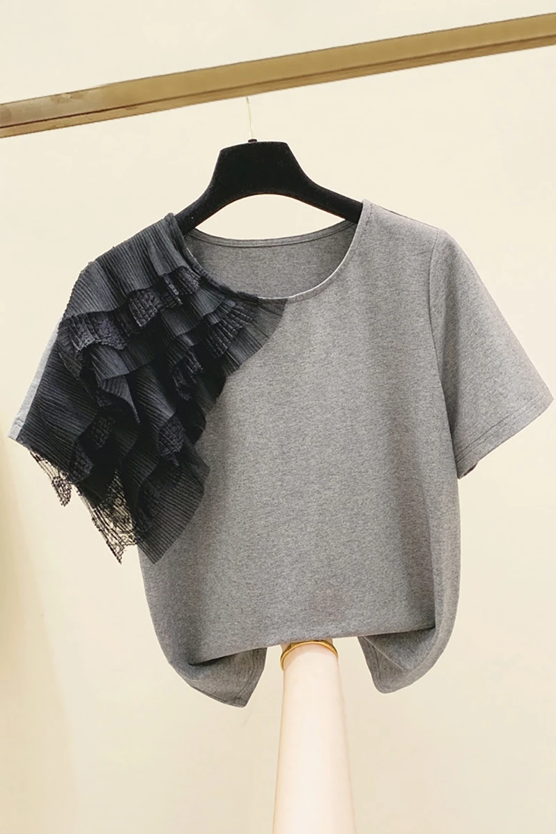 

Lace Mesh Patchwork Short Sleeve Crew Neck Cotton T-shirt Women's 2021 Summer Korean Style Loose Half Sleeve Tops