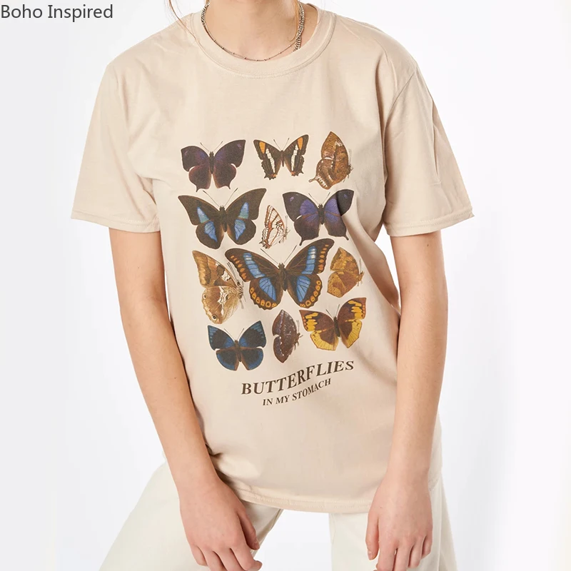Boho Inspired бежевые с бабочками графические футболки для женщин вырез лодочкой