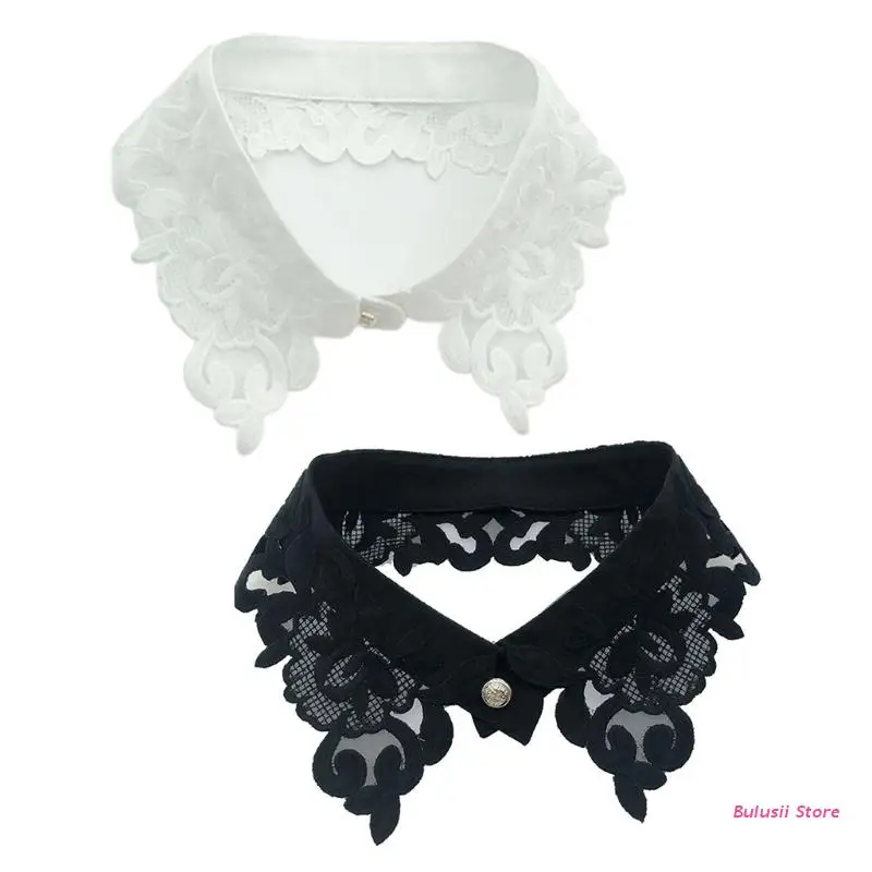 

Women Elegant Organza False Collar Vintage Embroidery Floral Lace Decorative Necklace Choker Hollow Out Mesh Button